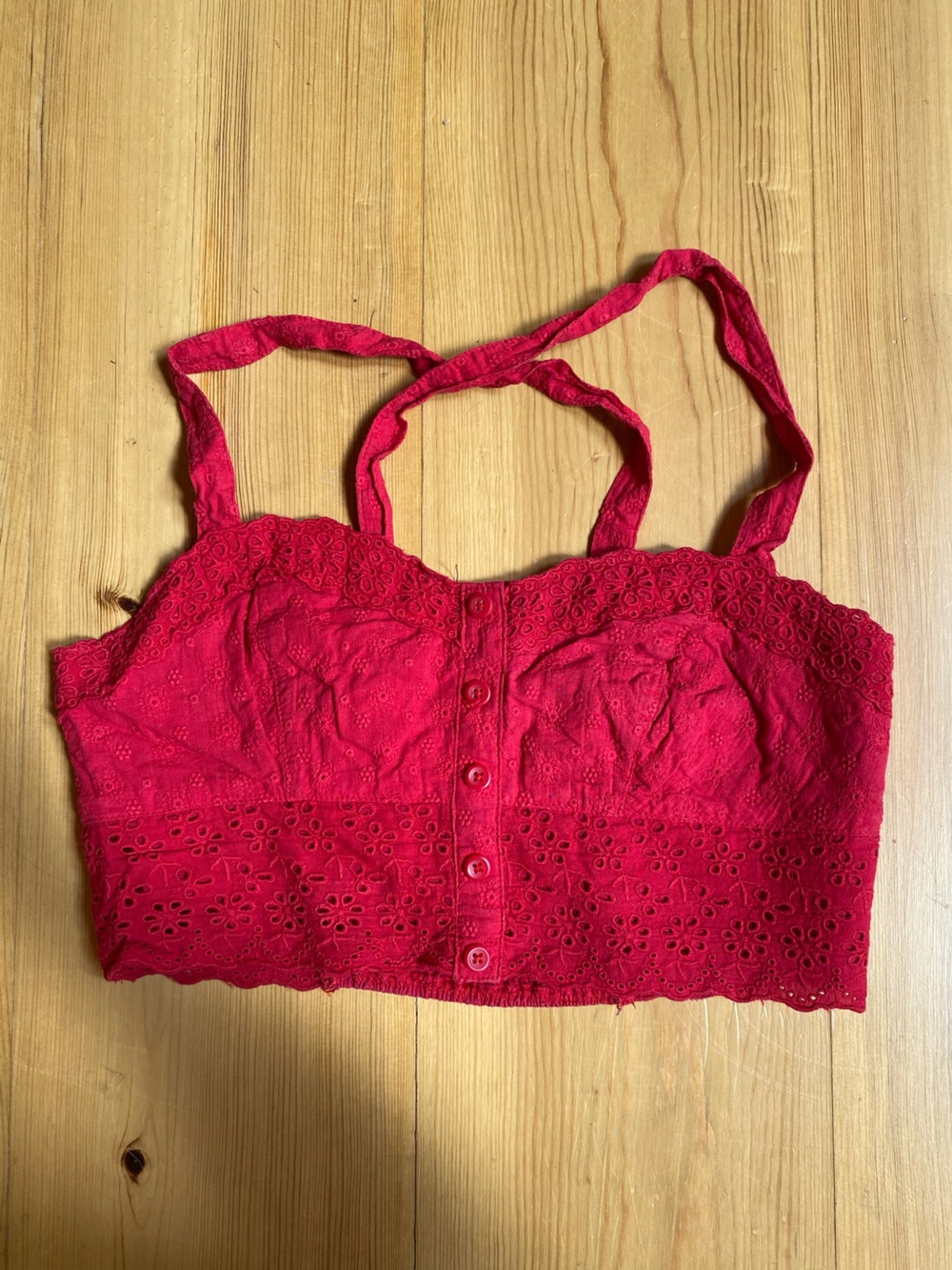 Kimchi Blue Red Eyelet Button-Front Crop Top Dainty Cottagecore Coquette Lace